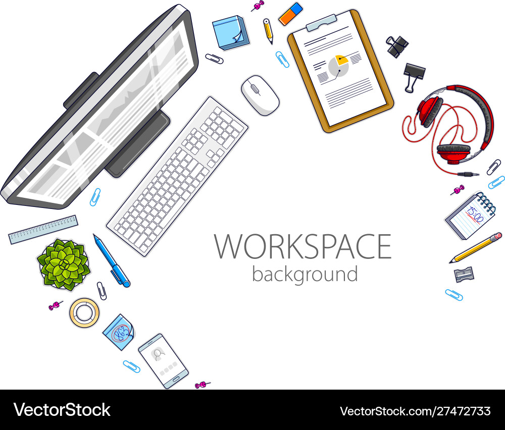 Office desk workspace top view with pc computer Office desk workspace top view with pc computer Vector Image