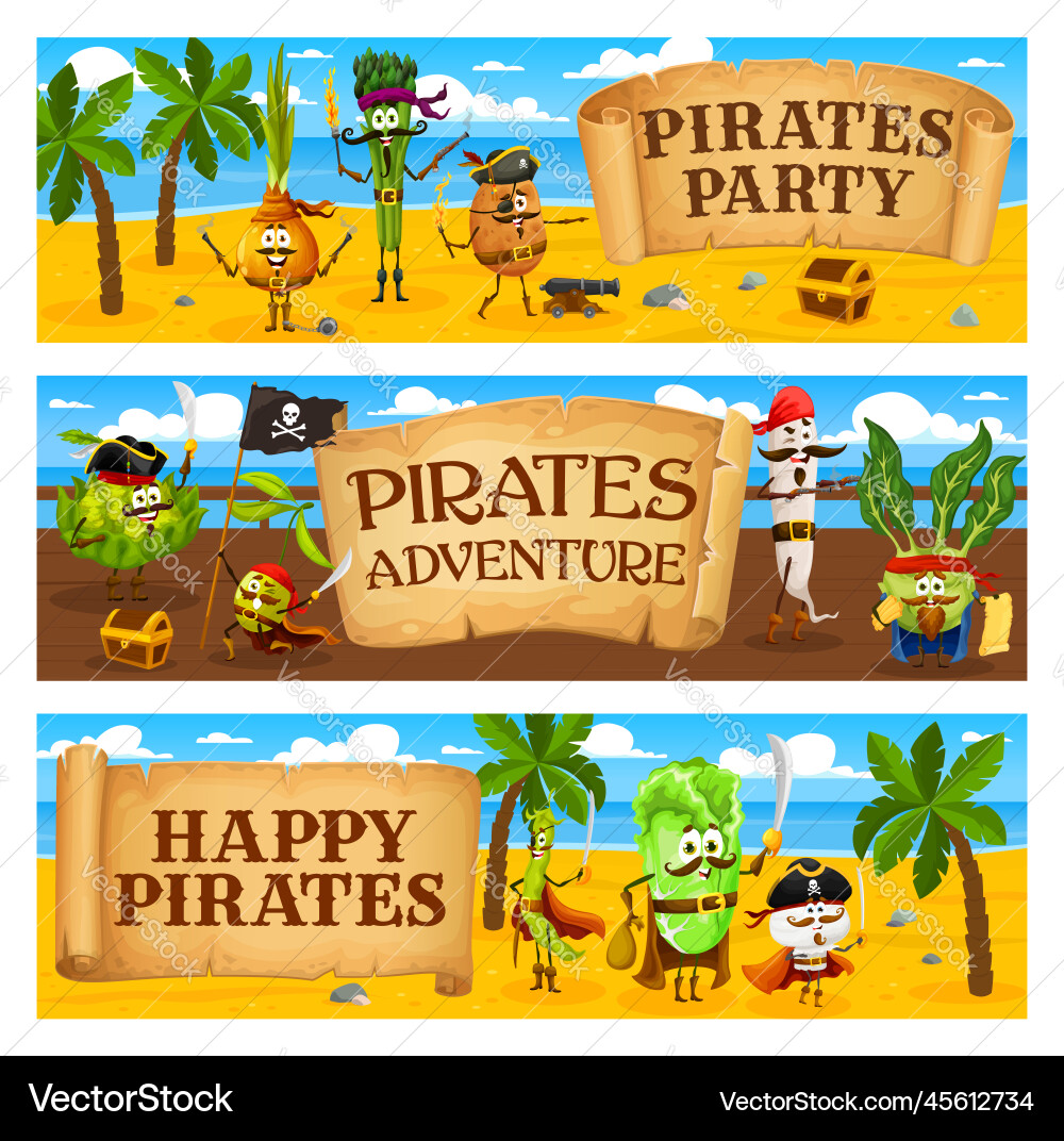 Cartoon Gemüse Piraten Charaktere Partyveranstaltung Cartoon Gemüse Piraten Charaktere Partyveranstaltung vektorbild
