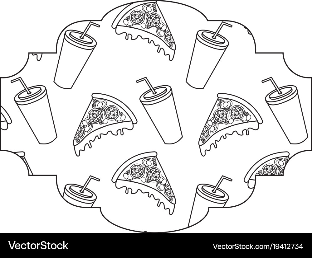 Frame with pizza and soda pattern background Vector Image