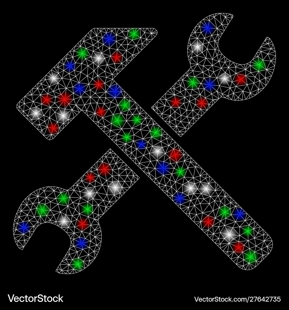 Bright mesh network hammer and wrench with flare Bright mesh network hammer and wrench with flare vector image