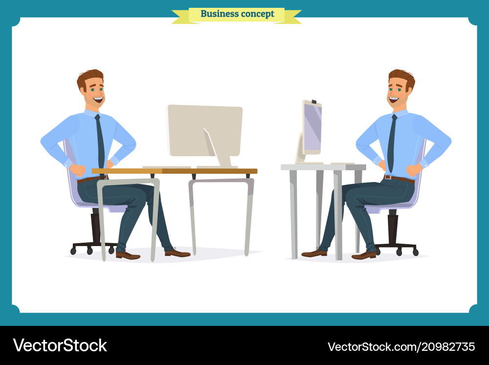 Male office worker poses sitting at computer Male office worker poses sitting at computer vector image