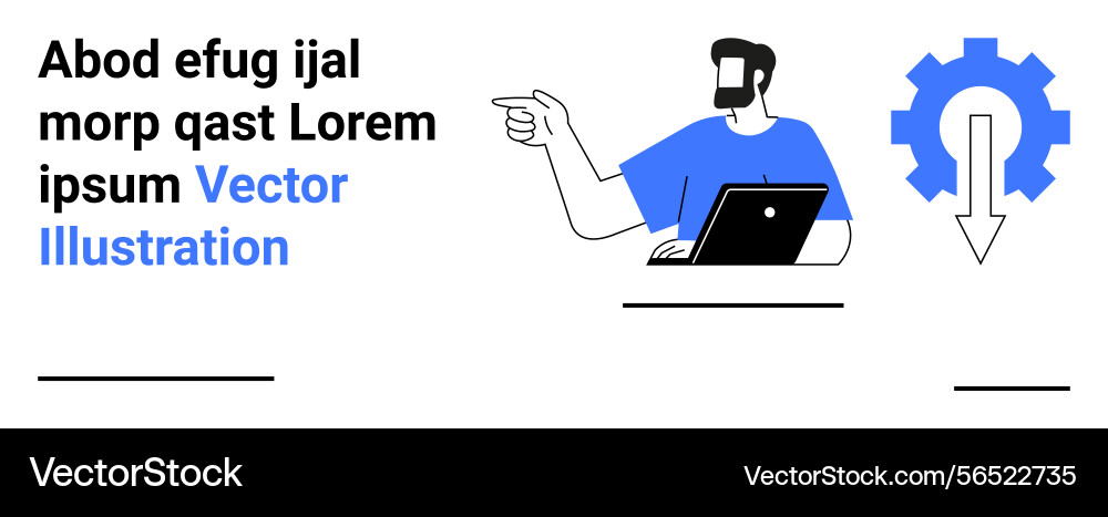 Man using laptop pointing towards gear and arrow Man using laptop pointing towards gear and arrow vector image