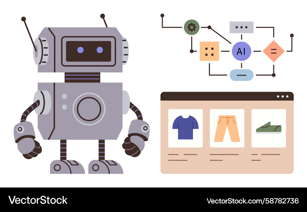 Ai-powered robot exploring e-commerce interface Ai-powered robot exploring e-commerce interface Vector Image