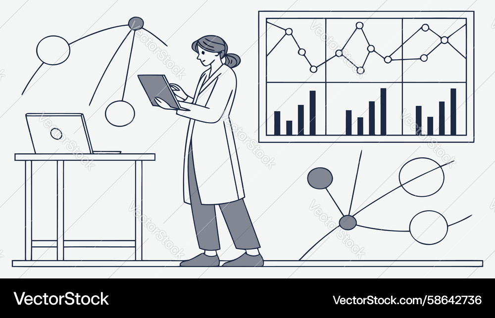 Scientist Examining Data on Computer Vector Image