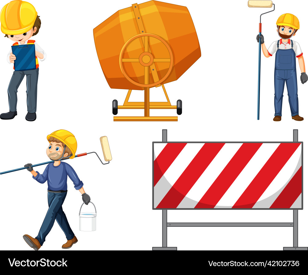 Set of construction site objects and workers Set of construction site objects and workers vector image