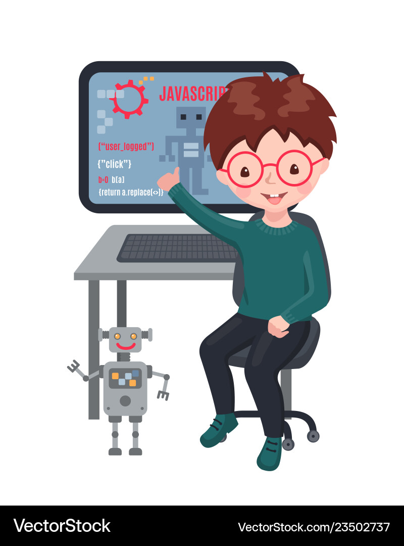Smiling boy sitting at laptop and learning coding Smiling boy sitting at laptop and learning coding Vector Image