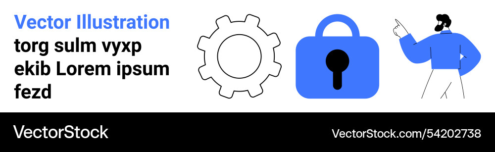 Gear lock and character pointing at text Gear lock and character pointing at text Vector Image