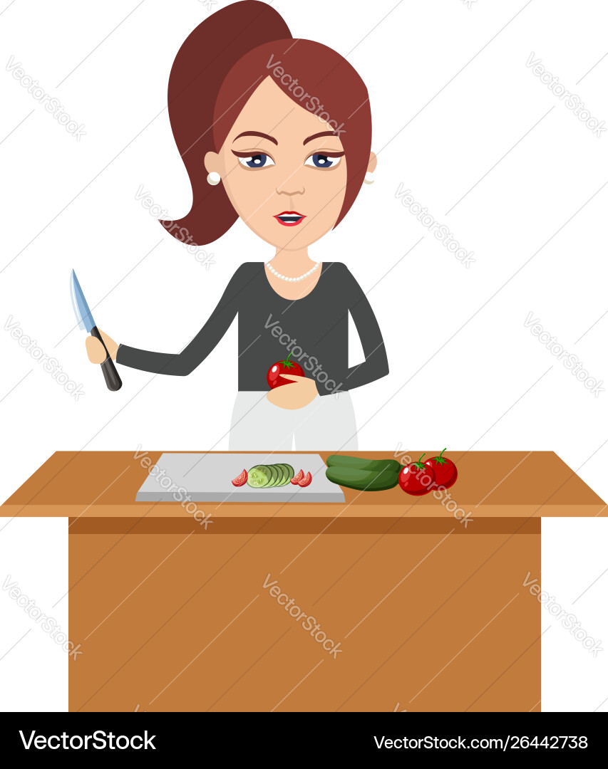 Woman cutting vegetables on white background Woman cutting vegetables on white background Vector Image