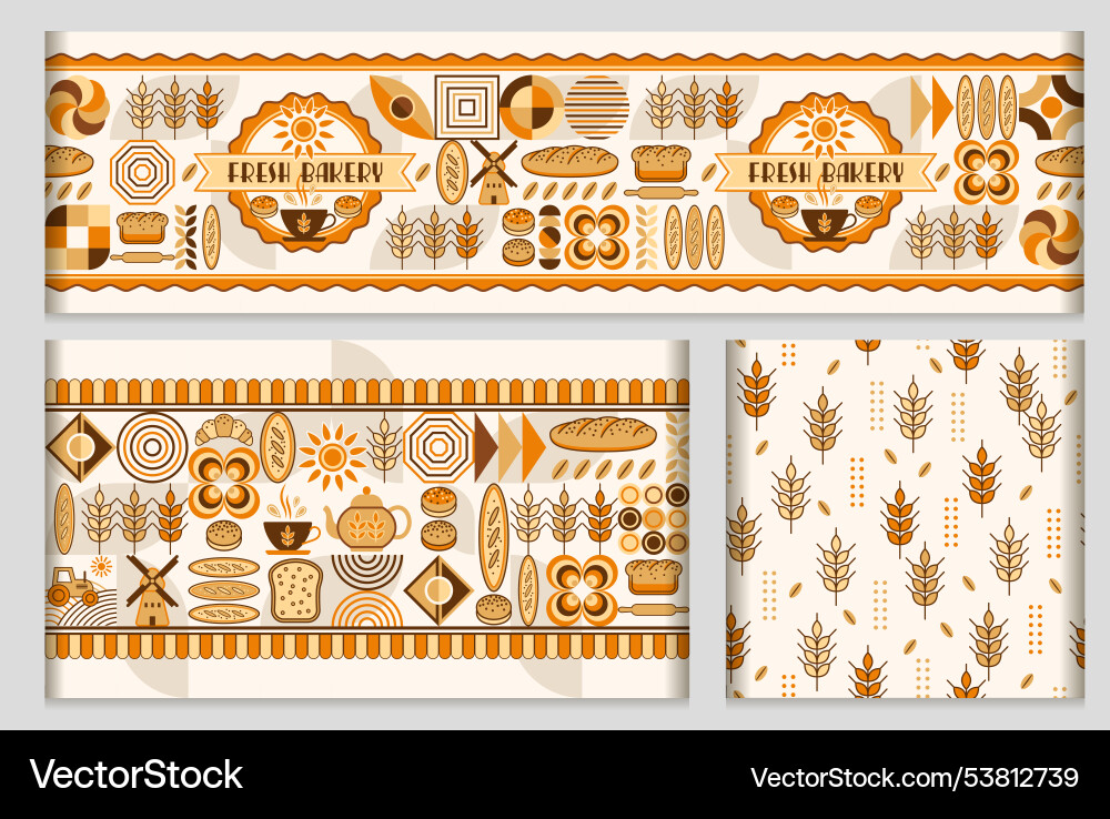 Geometric patterns with bread icons bakery theme Vector Image