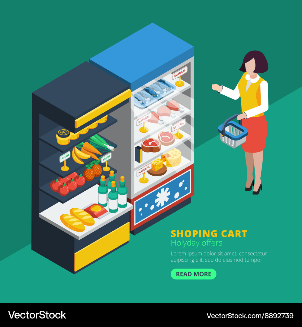Isometric supermarket interior Royalty Free Vector Image