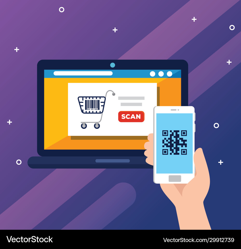 Scan code qr with laptop computer and icons Scan code qr with laptop computer and icons vector image