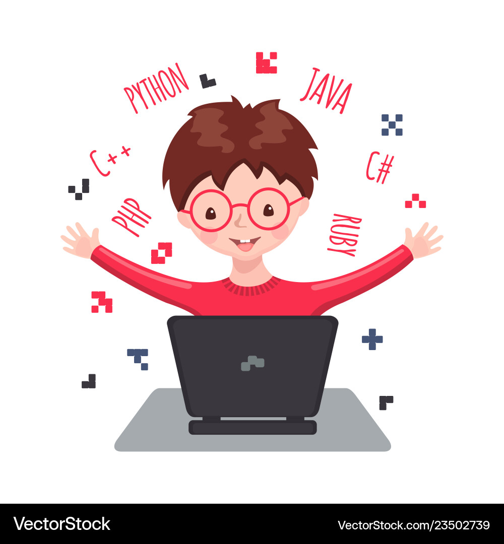 Smiling boy sitting at laptop and learning coding Smiling boy sitting at laptop and learning coding vector image