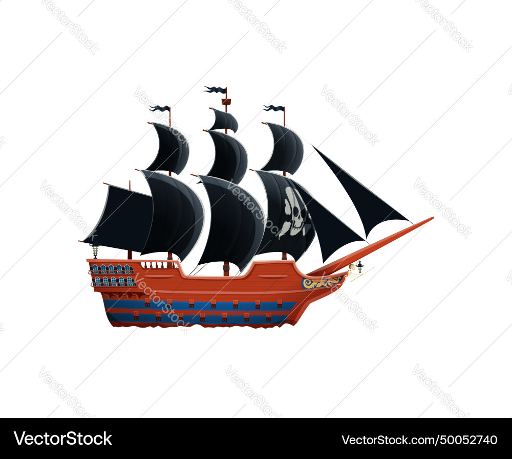 Pirate ship with black sails billowing in the wind Pirate ship with black sails billowing in the wind vector image