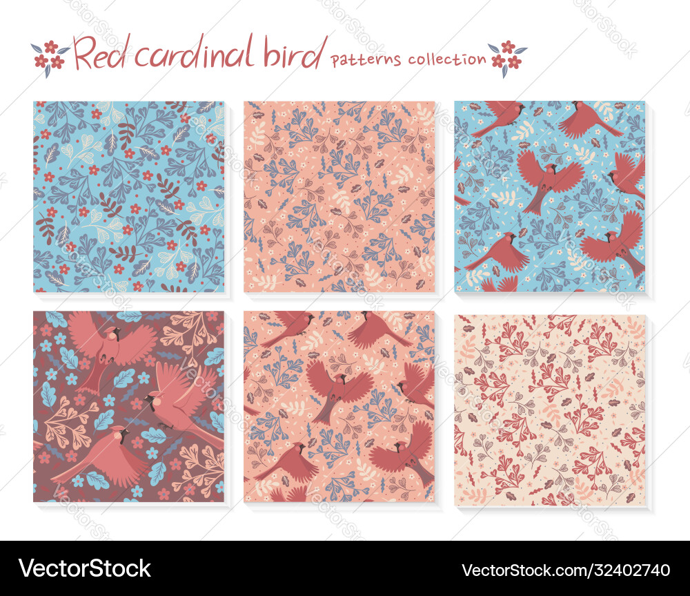 Set seamless patterns with red cardinal birds Set seamless patterns with red cardinal birds vector image