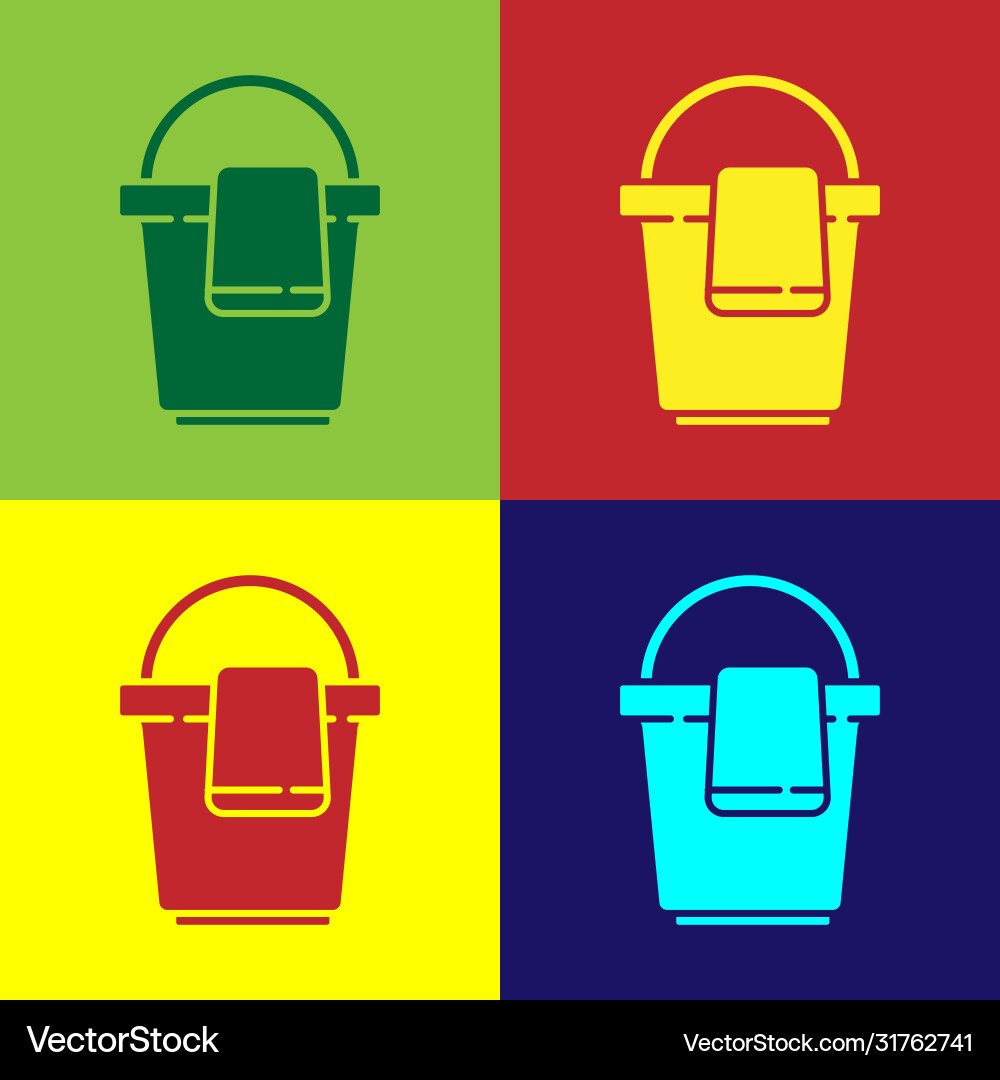 Pop art bucket with rag icon isolated on color Pop art bucket with rag icon isolated on color Vector Image