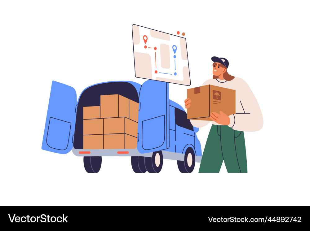 Courier loading cardboard boxes to vans trunk Courier loading cardboard boxes to vans trunk vector image