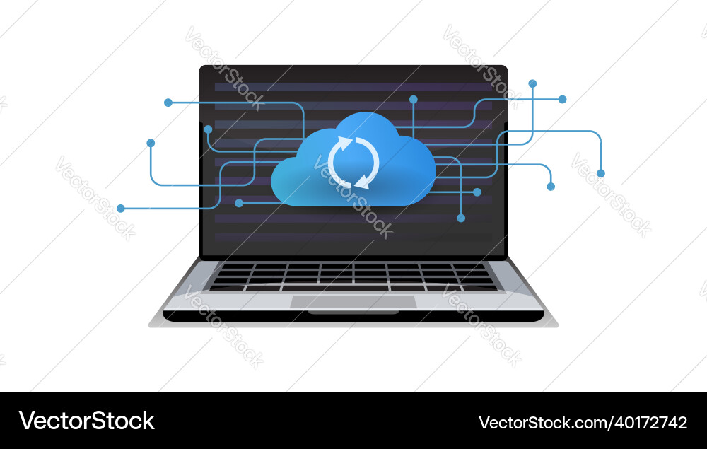 Laptop sync uploads files cloud server storage Laptop sync uploads files cloud server storage vector image