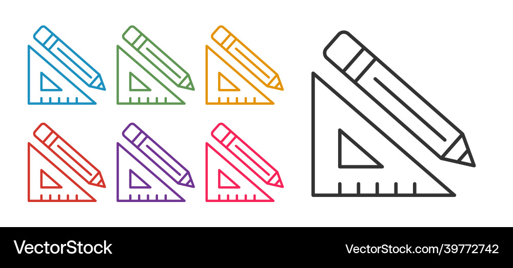 Set line triangular ruler and pencil icon isolated vector image