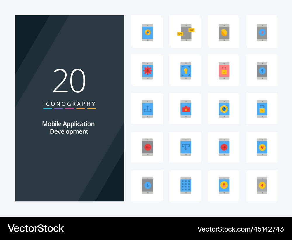 20 mobile application development flat color icon vector image