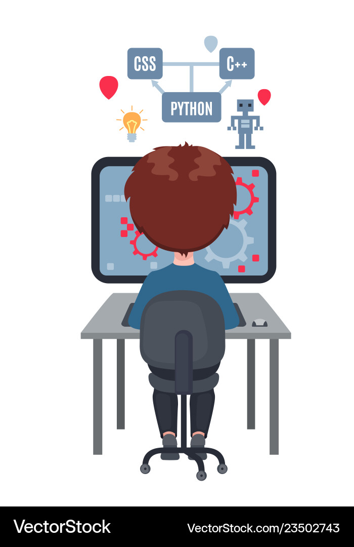 Boy learning coding on laptop isolated white Boy learning coding on laptop isolated white vector image