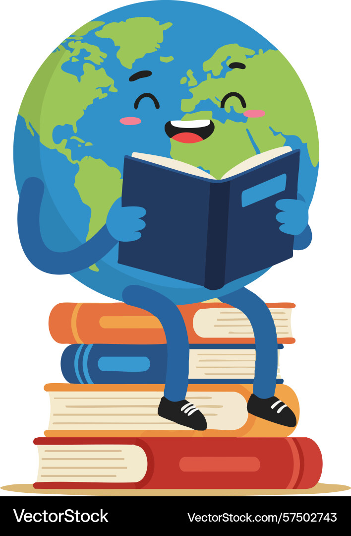 Earth character reading book on stack of colorful Vector Image
