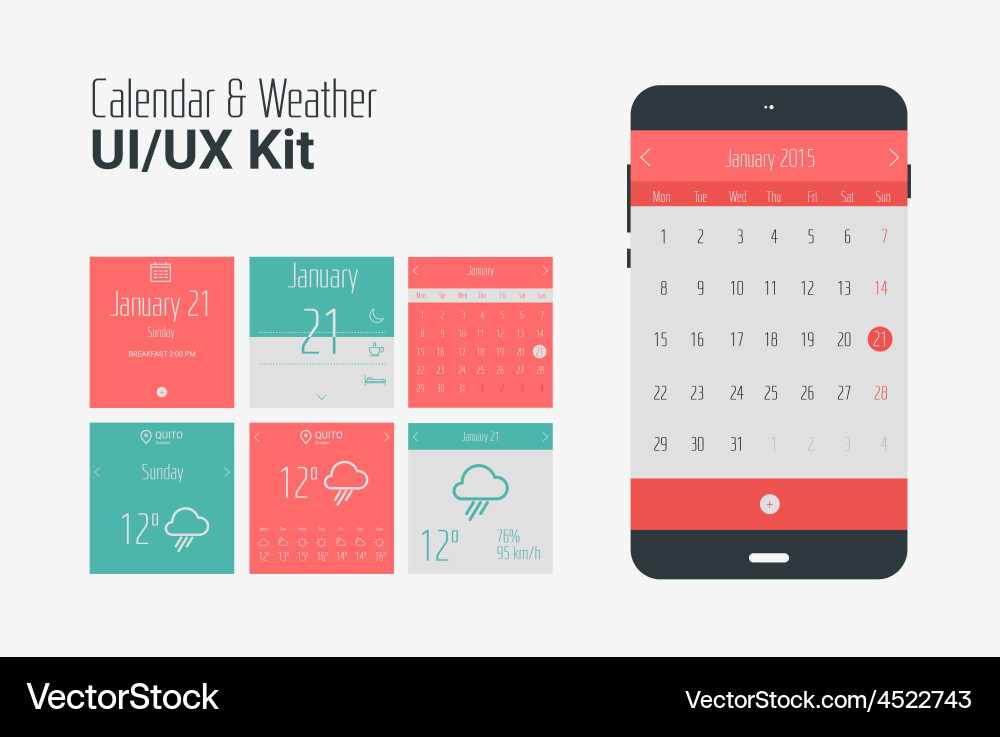 Flat ui or ux mobile calendar and weather apps kit vector image