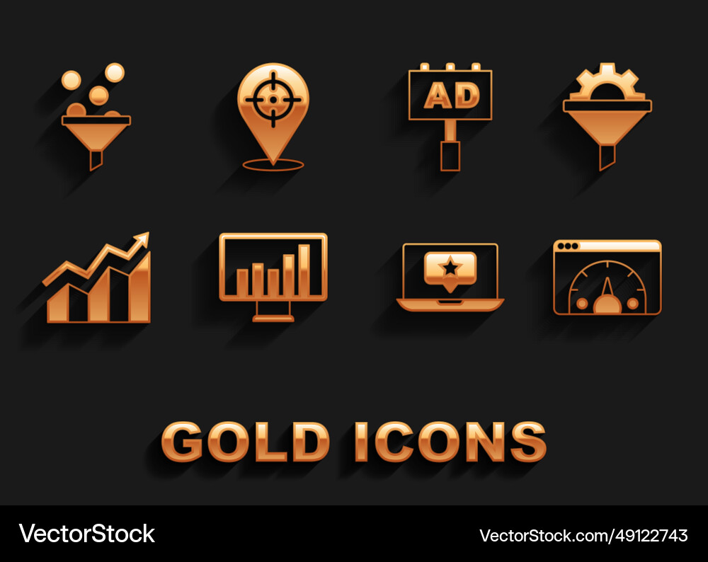 Set monitor with graph chart sales funnel gear Set monitor with graph chart sales funnel gear vector image