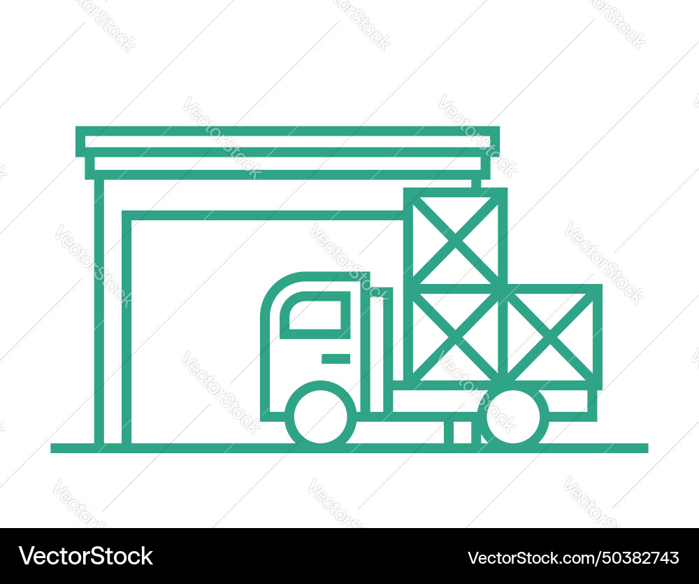 Small warehouse with boxes and truck outline icon Small warehouse with boxes and truck outline icon vector image