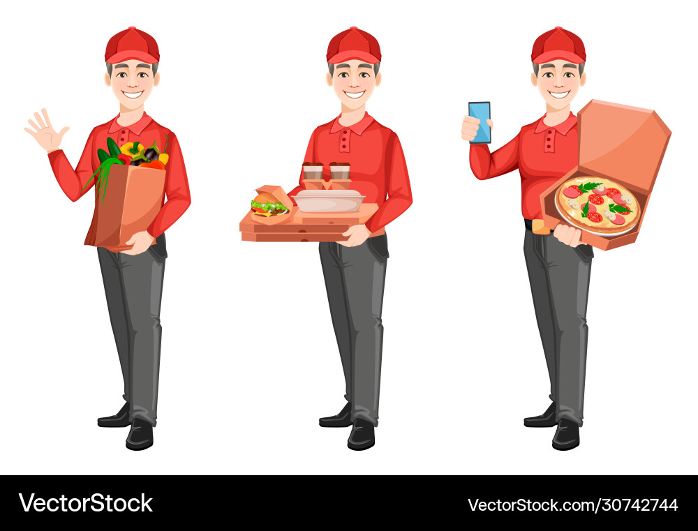 Courier delivers food set three poses Courier delivers food set three poses vector image