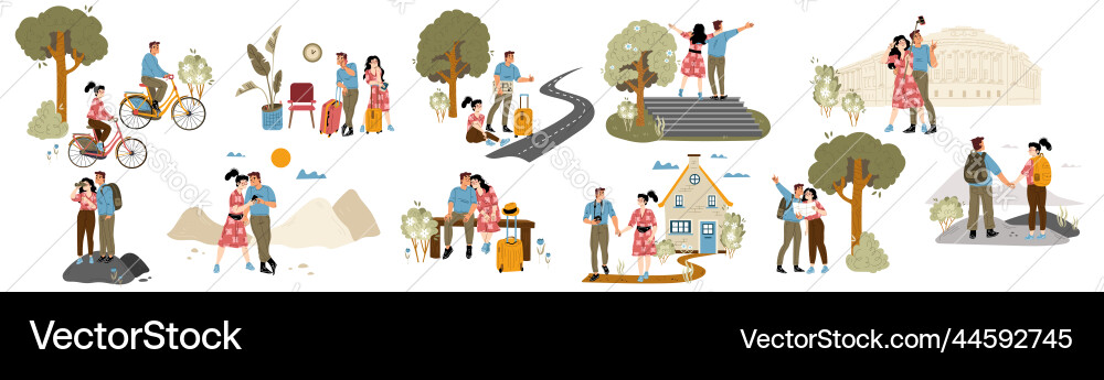 Set couple travel young tourists visit landmarks vector image