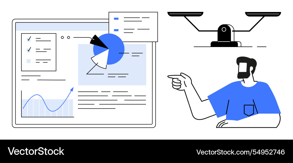 Data analysis dashboard with scales and analyst Data analysis dashboard with scales and analyst vector image