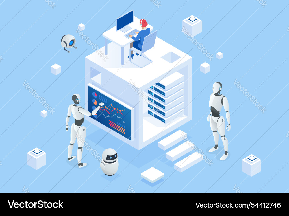 Isometric an ai-powered robot efficiently Isometric an ai-powered robot efficiently vector image