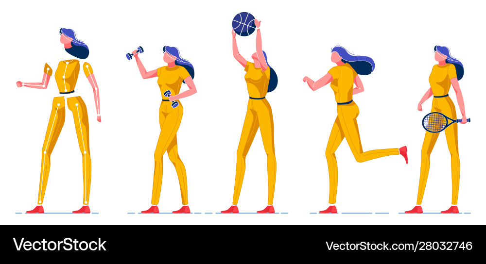 Sportliche Frau spielen verschiedene Arten Spiele flach Sportliche Frau spielen verschiedene Arten Spiele flach vektorbild