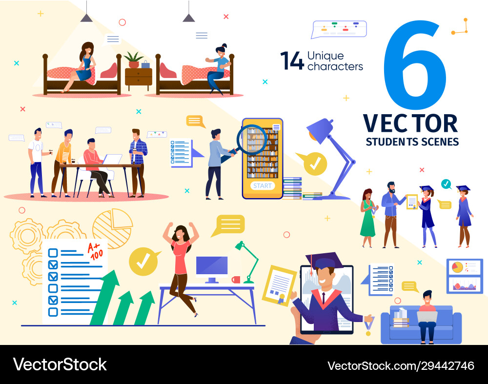 Students daily routines flat scenes set Students daily routines flat scenes set Vector Image
