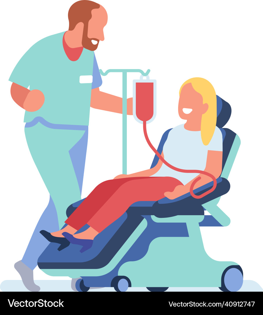 Blood donor sitting in hospital chair and talking Blood donor sitting in hospital chair and talking vector image