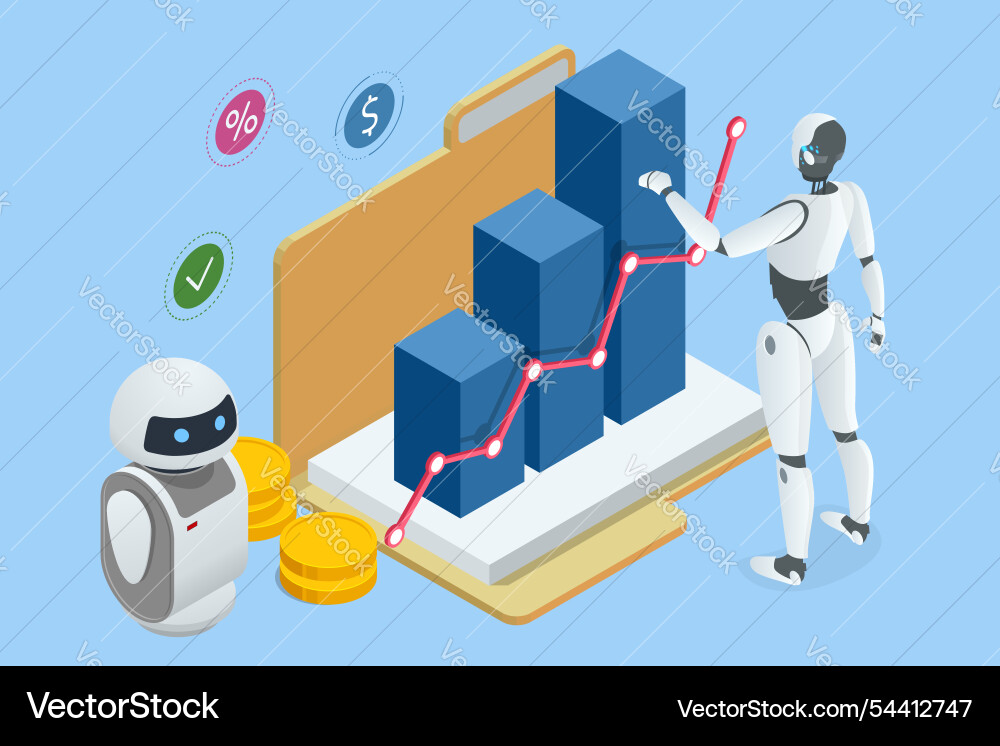 Isometric an ai-powered robot efficiently Isometric an ai-powered robot efficiently vector image