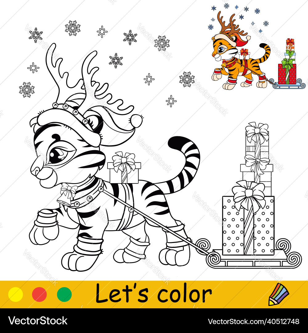 Coloring christmas tiger carries gifts on a sleigh Coloring christmas tiger carries gifts on a sleigh vector image