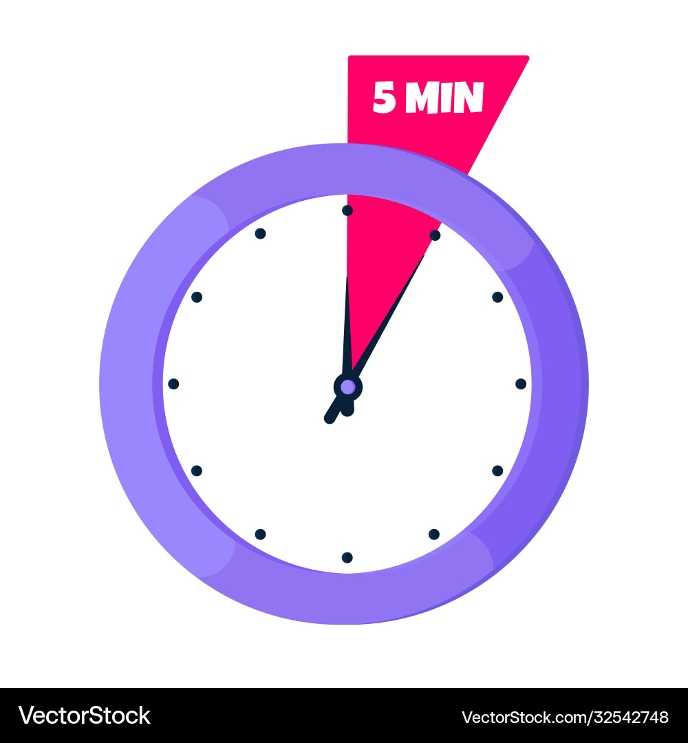 Five minutes on analog clock face flat style Five minutes on analog clock face flat style vector image