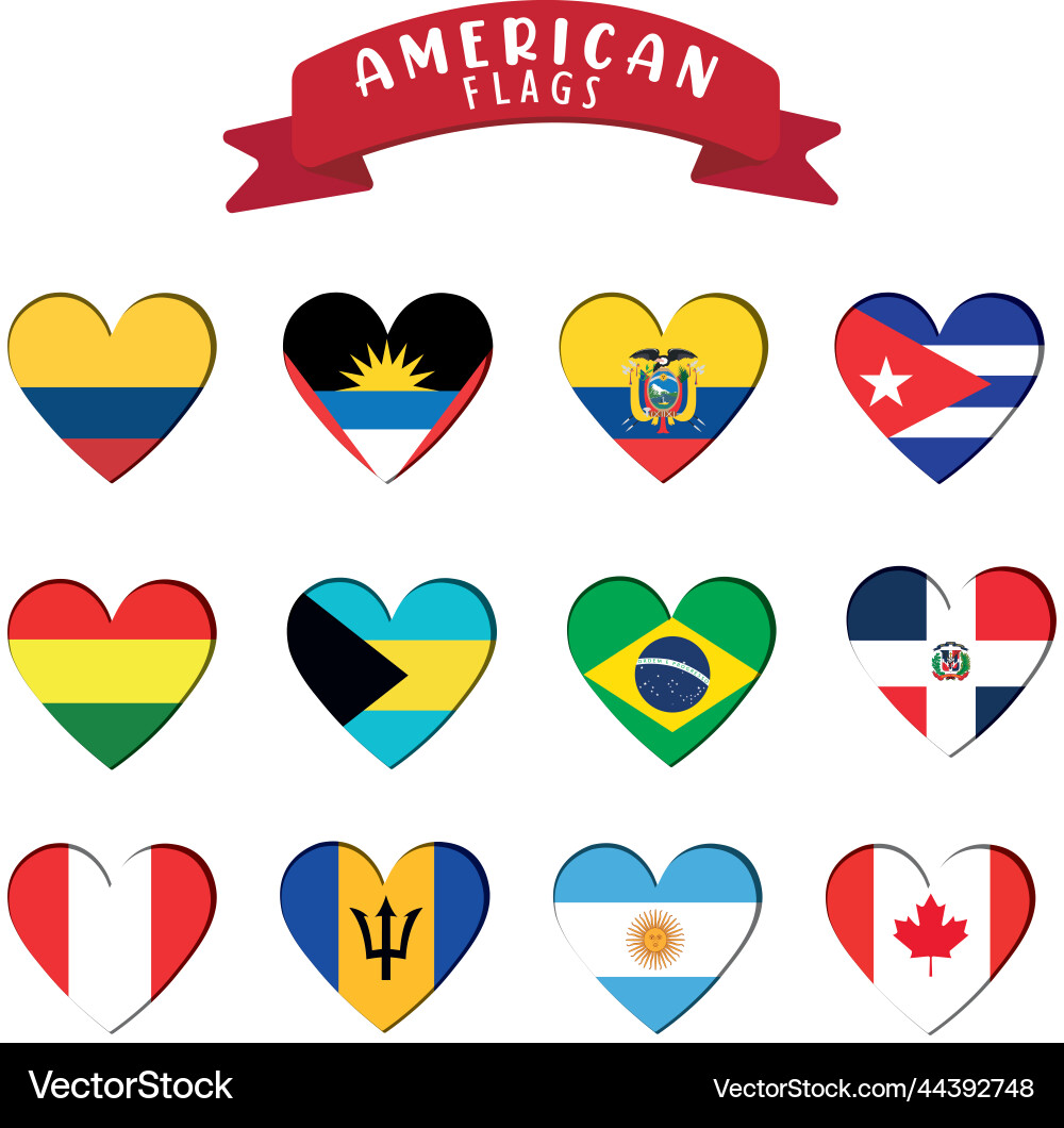 Set of heart shapes with different flags vector image