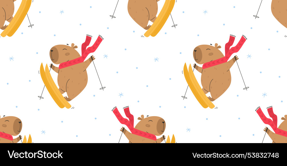 Skiing funny capybara character pattern Skiing funny capybara character pattern vector image