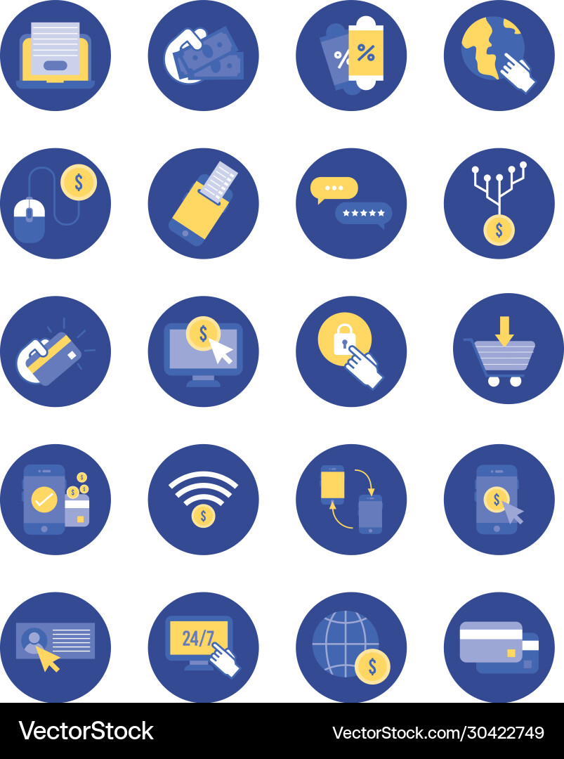 Bundle payment on block and flat set icons Vector Image