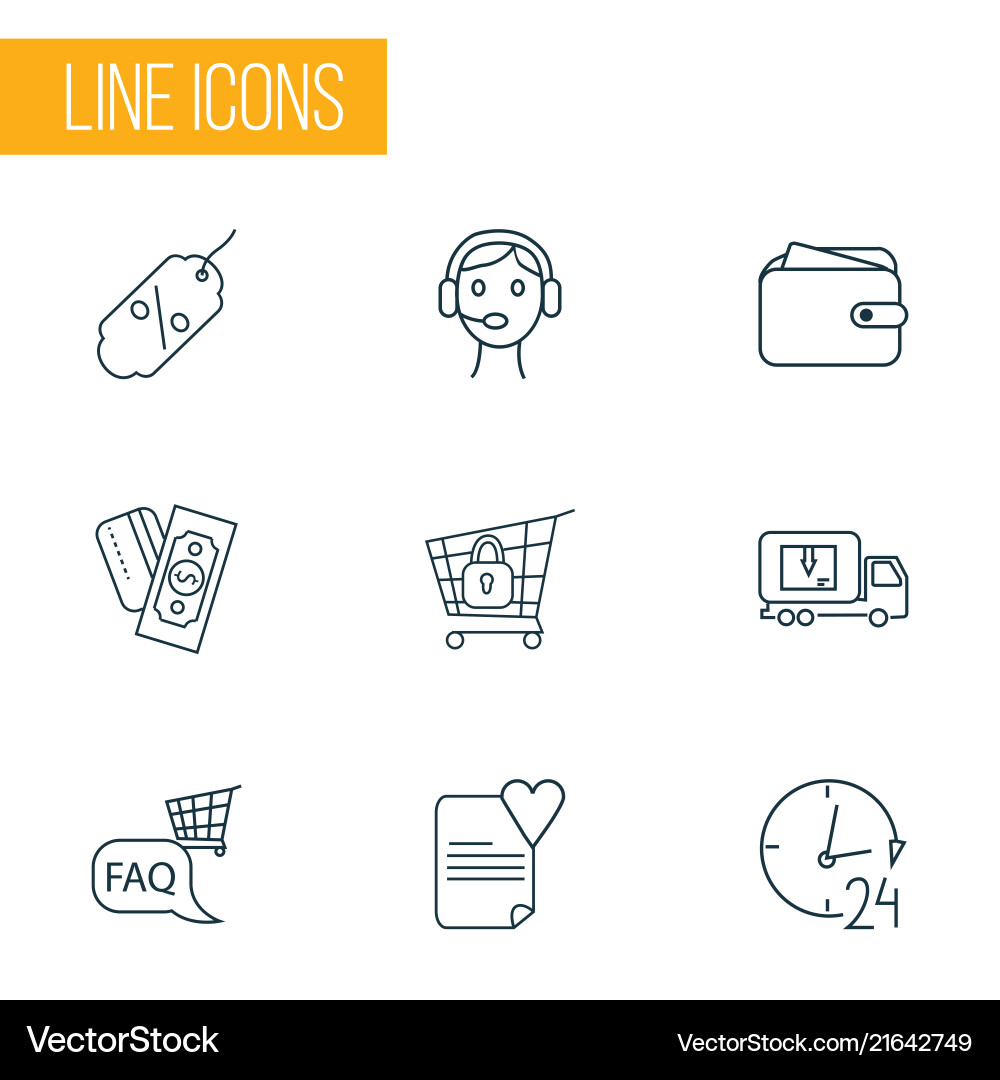 Commerce icons line style set with wallet vector image