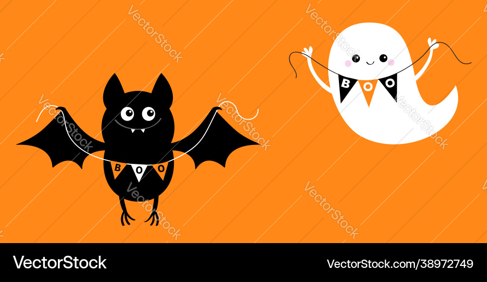 Flying bat ghost holding bunting flag boo happy Flying bat ghost holding bunting flag boo happy vector image