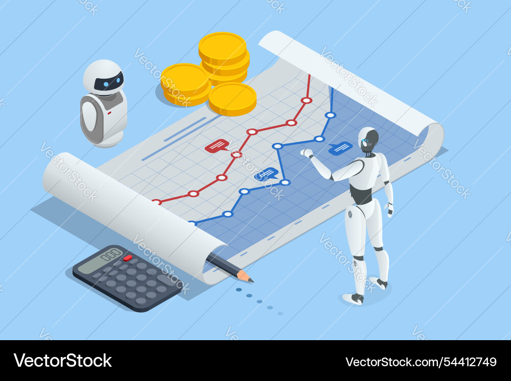 Isometric an ai-powered robot efficiently Isometric an ai-powered robot efficiently vector image