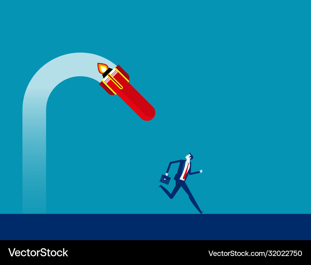 Businessman runs away under broken rocket fail vector image