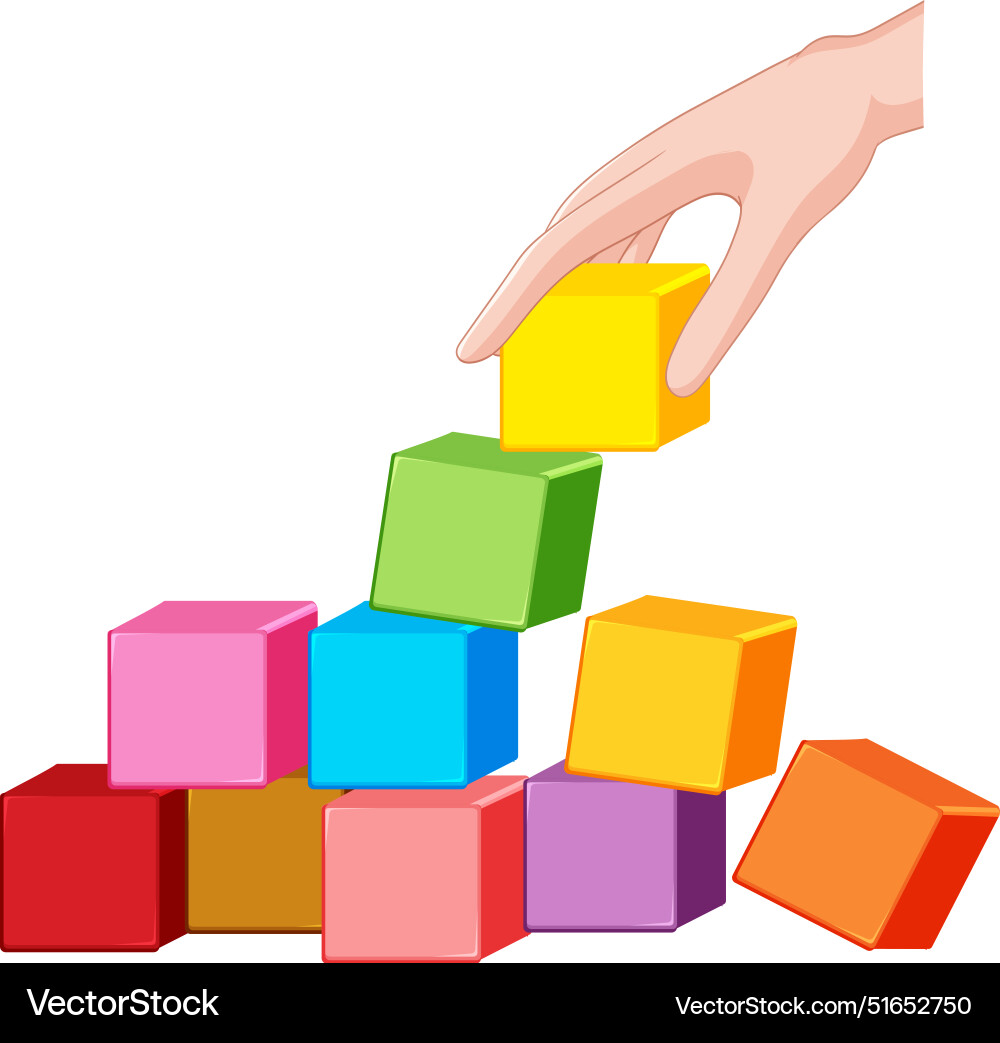 Hand stacking colorful blocks in a tower vector image