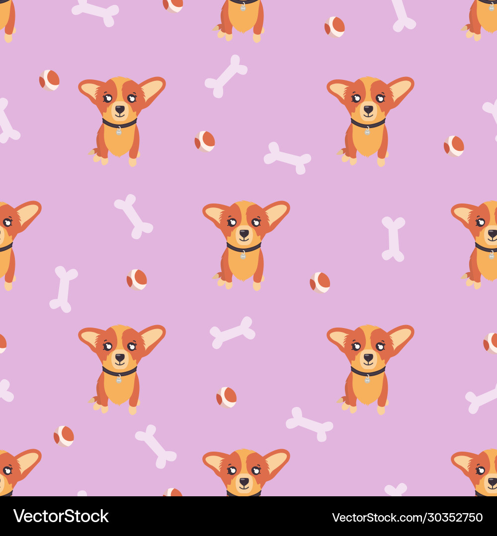 Seamless pattern corgi puppy with bones and balls Seamless pattern corgi puppy with bones and balls vector image