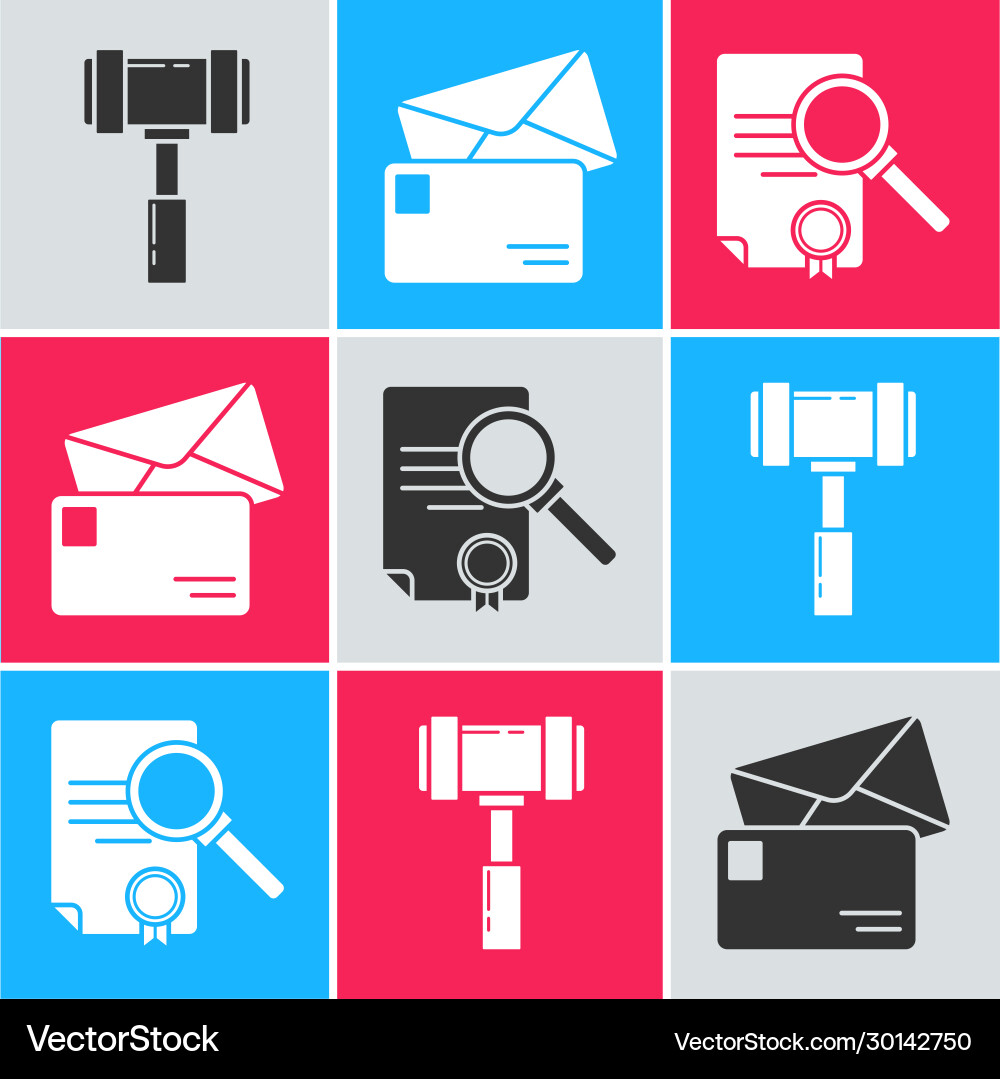Set judge gavel envelope and document with search Set judge gavel envelope and document with search vector image