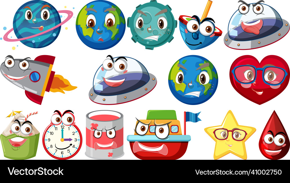 Set of different toy objects with smiley faces Set of different toy objects with smiley faces vector image