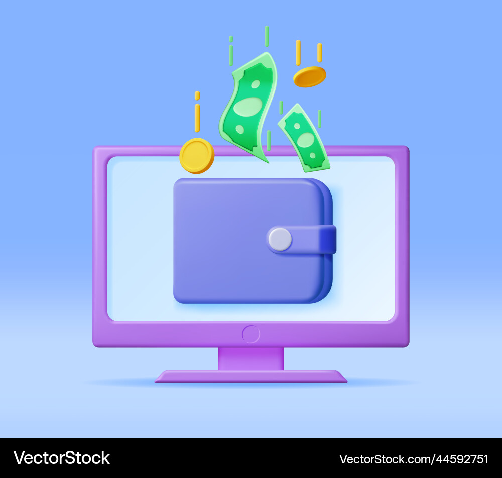 3d computer and wallet with money isolated 3d computer and wallet with money isolated Vector Image